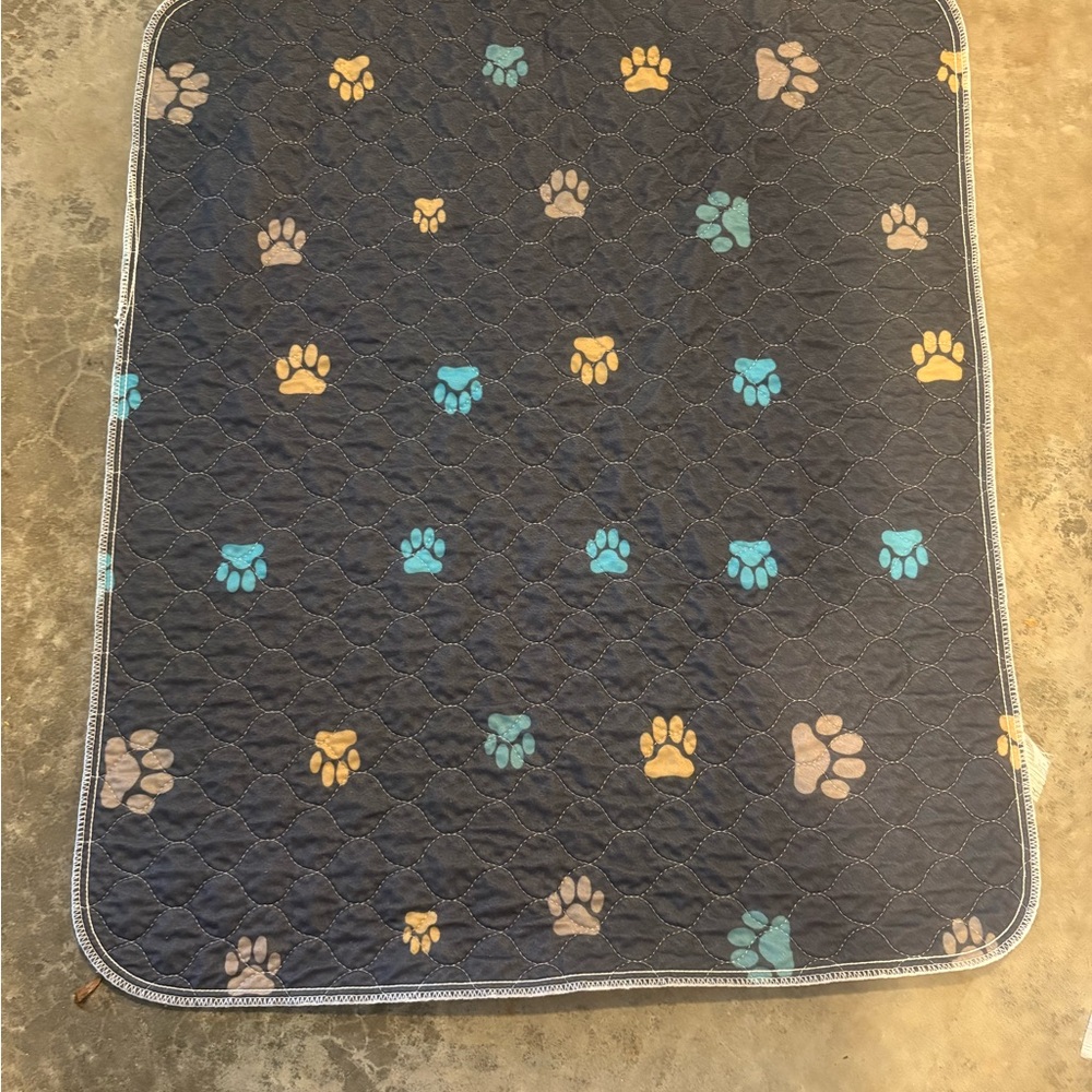 Navy Paw Print Quilted Pet Bedding Pad - Blue, Yellow, Tan